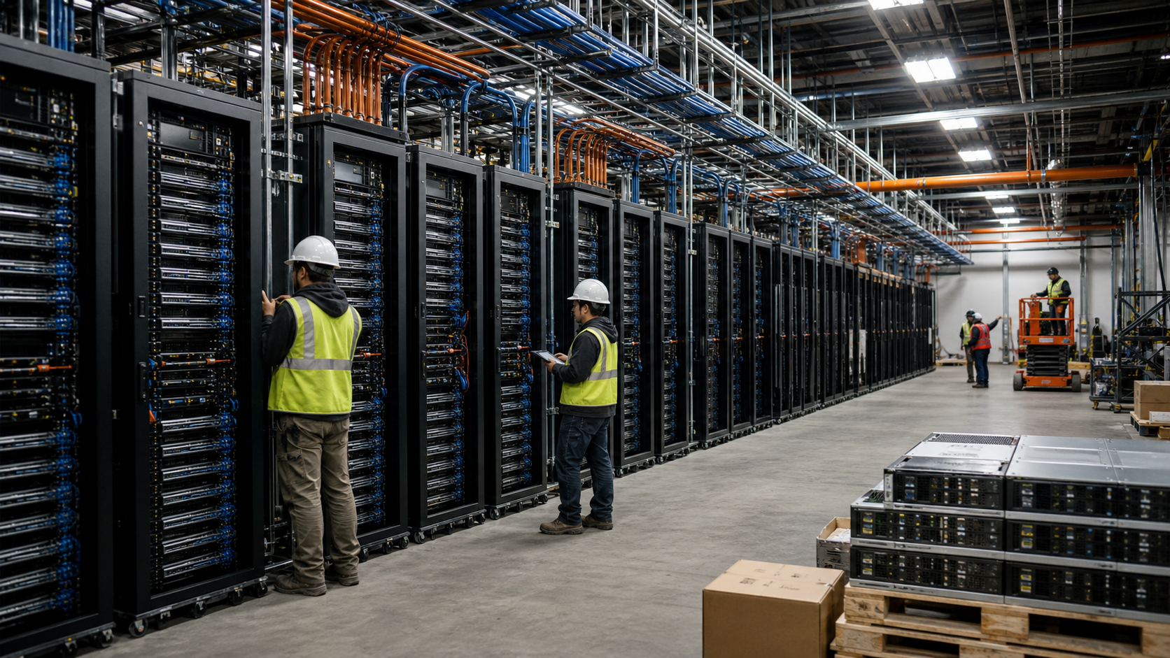 Datacenter de inteligencia artificial en construcción con técnicos, racks de servidores y cableado industrial
