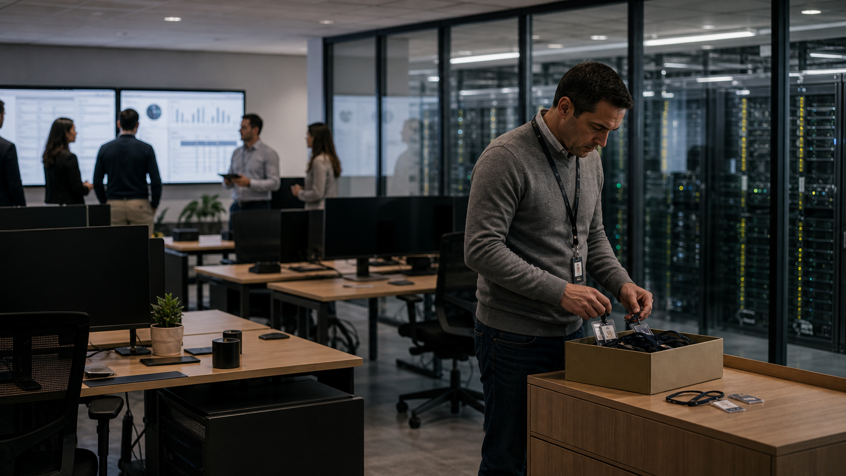 Oficina tecnológica en reestructuración con escritorios vacíos, credenciales y datacenter al fondo