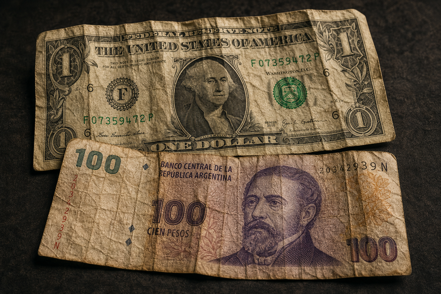 Billetes de dólar y pesos muy doblados y marcados