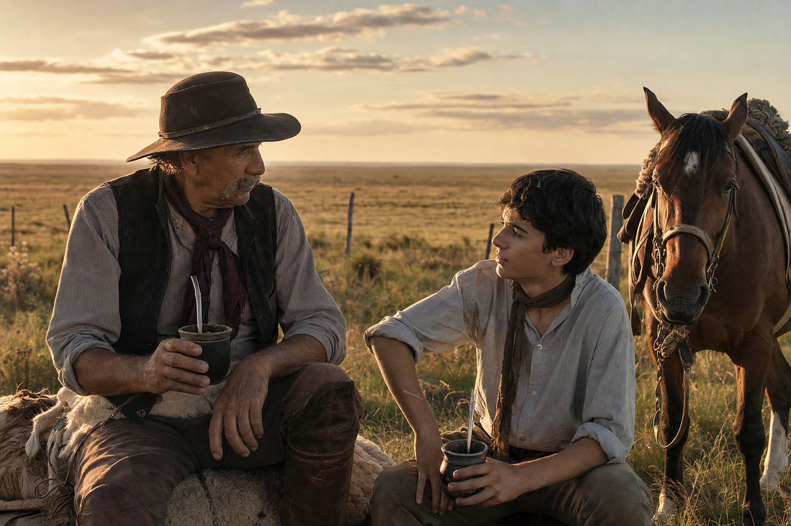 Un gaucho solitario a caballo en la pampa al atardecer
