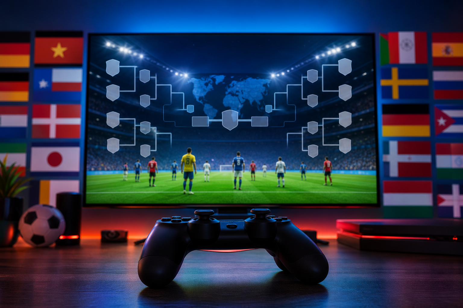Control de videojuegos frente a una pantalla con un torneo internacional de fútbol