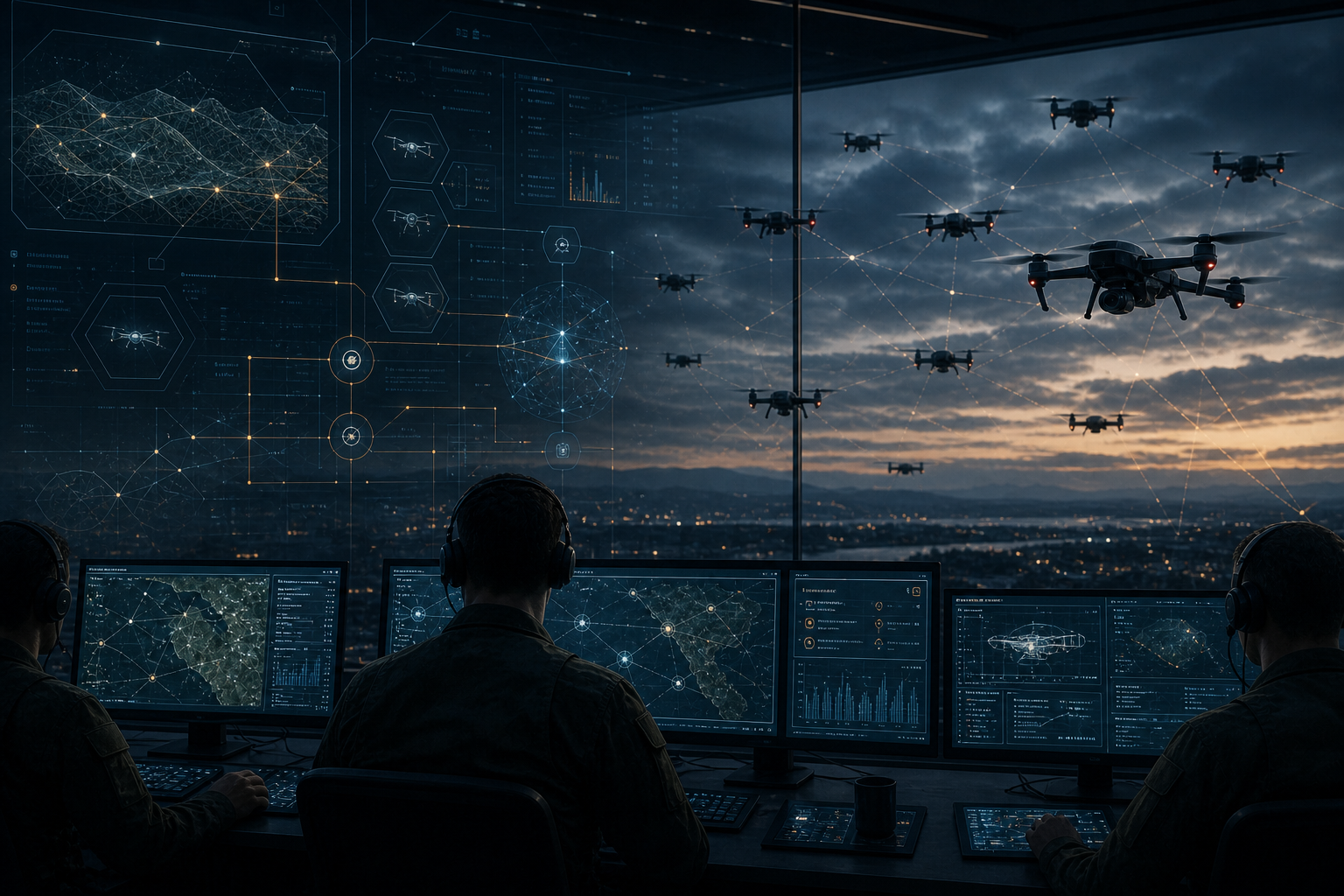 Centro de comando militar con drones autónomos conectados por una red de software y pantallas de control