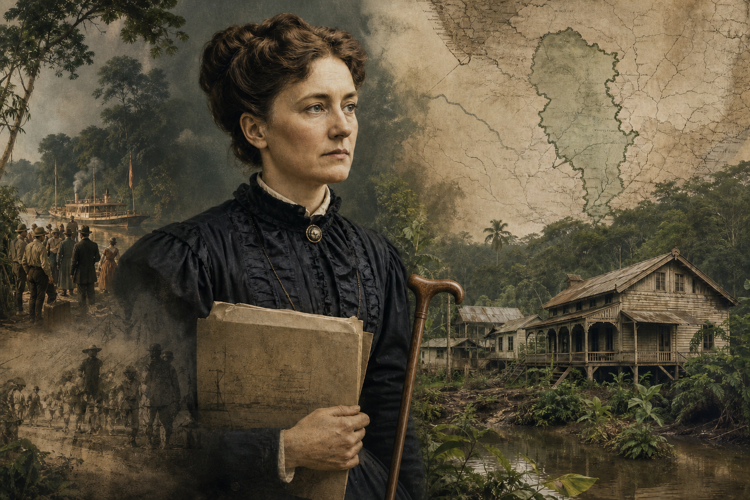 Elisabeth Förster-Nietzsche con un bastón frente a un mapa de Paraguay y la colonia Nueva Germania