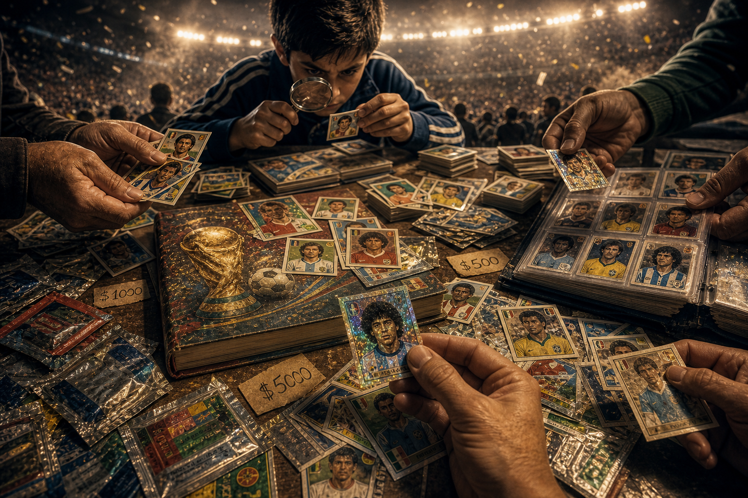 Coleccionistas de figuritas del Mundial con álbum, sobres y precios de reventa sobre la mesa