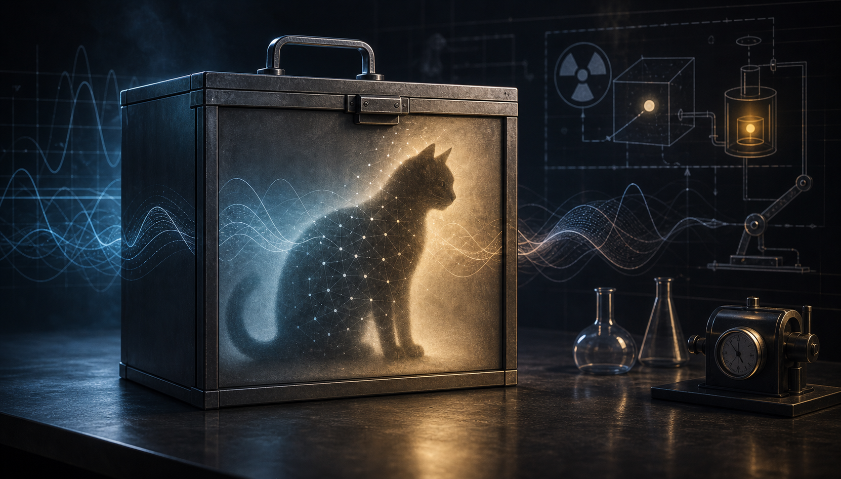 Un gato sugerido por luz y sombra dentro de una caja metálica de laboratorio, con un esquema de decaimiento radiactivo al fondo