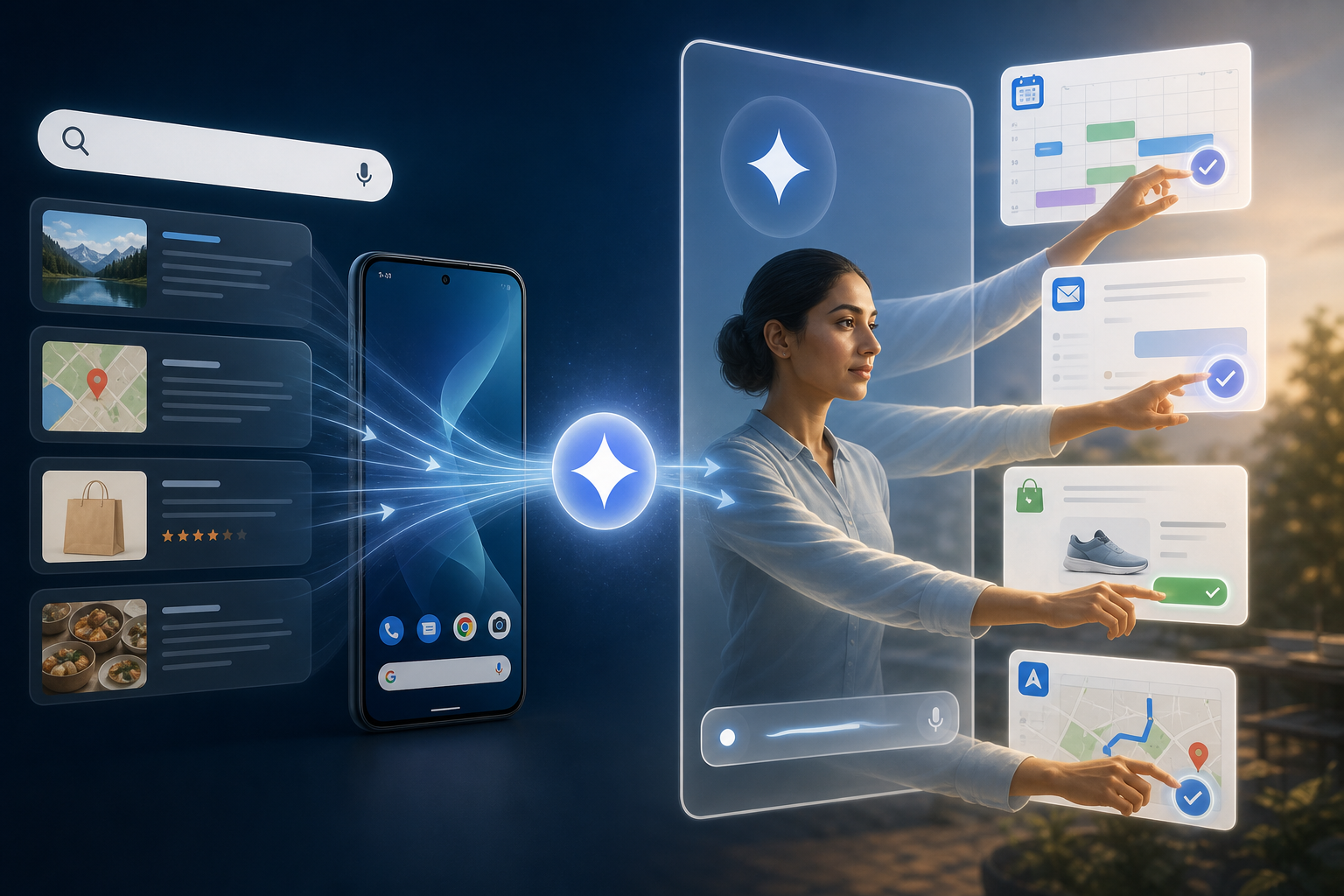 Un teléfono Android y una interfaz de búsqueda conectados a un agente de inteligencia artificial