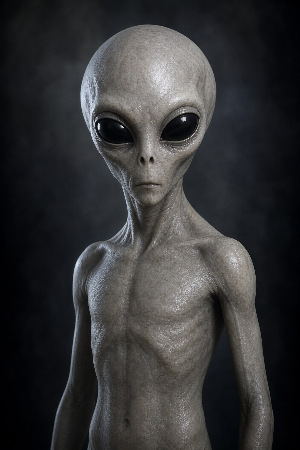 Un alien gris clásico en estética editorial.
