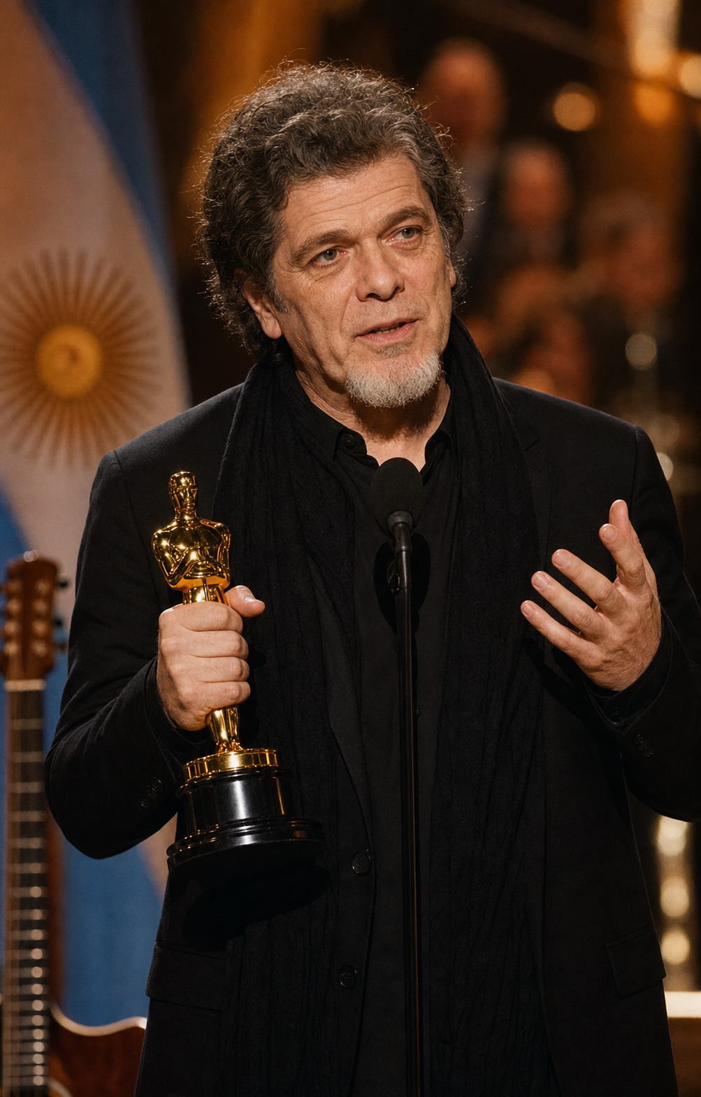 Gustavo Santaolalla con referencias visuales a Arco Iris, Dana y los premios Oscar