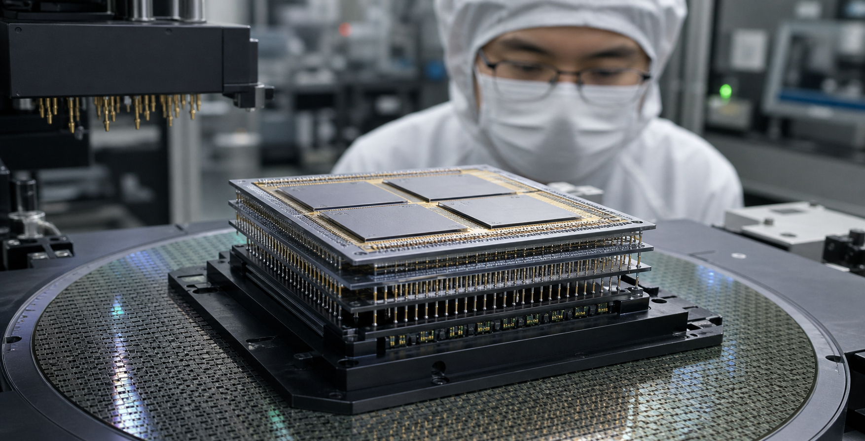 Módulo de chip avanzado apilado sobre una mesa de pruebas en un laboratorio de semiconductores
