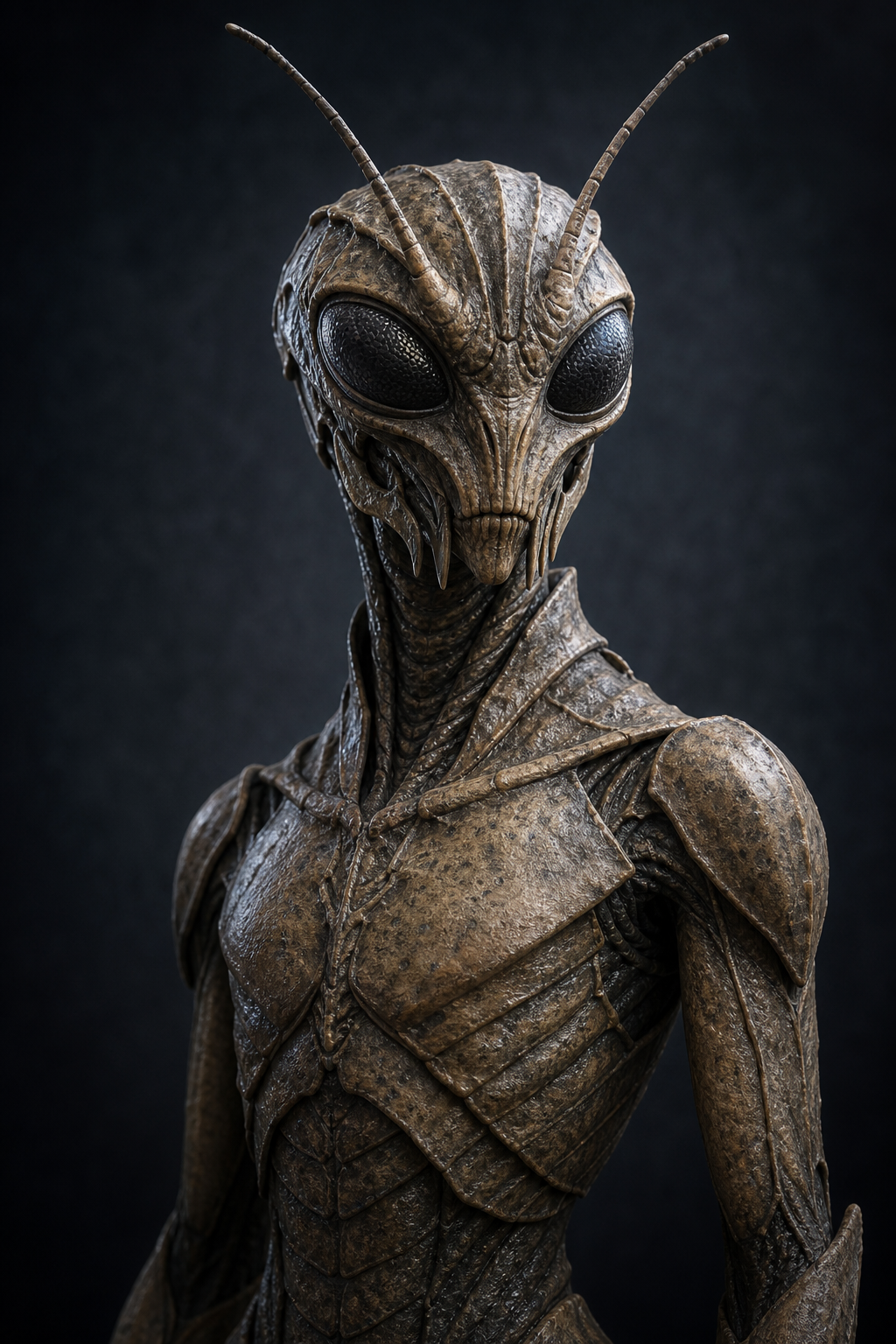 Un alien insectoide en estética editorial.