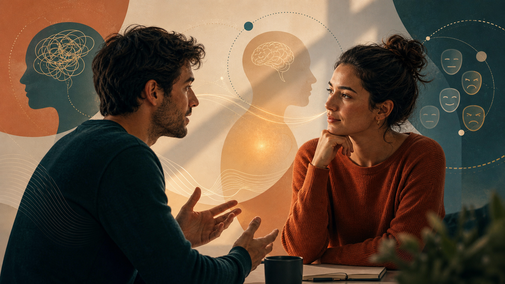 Dos personas conversando con capas visuales que representan empatía, regulación emocional y autoconciencia