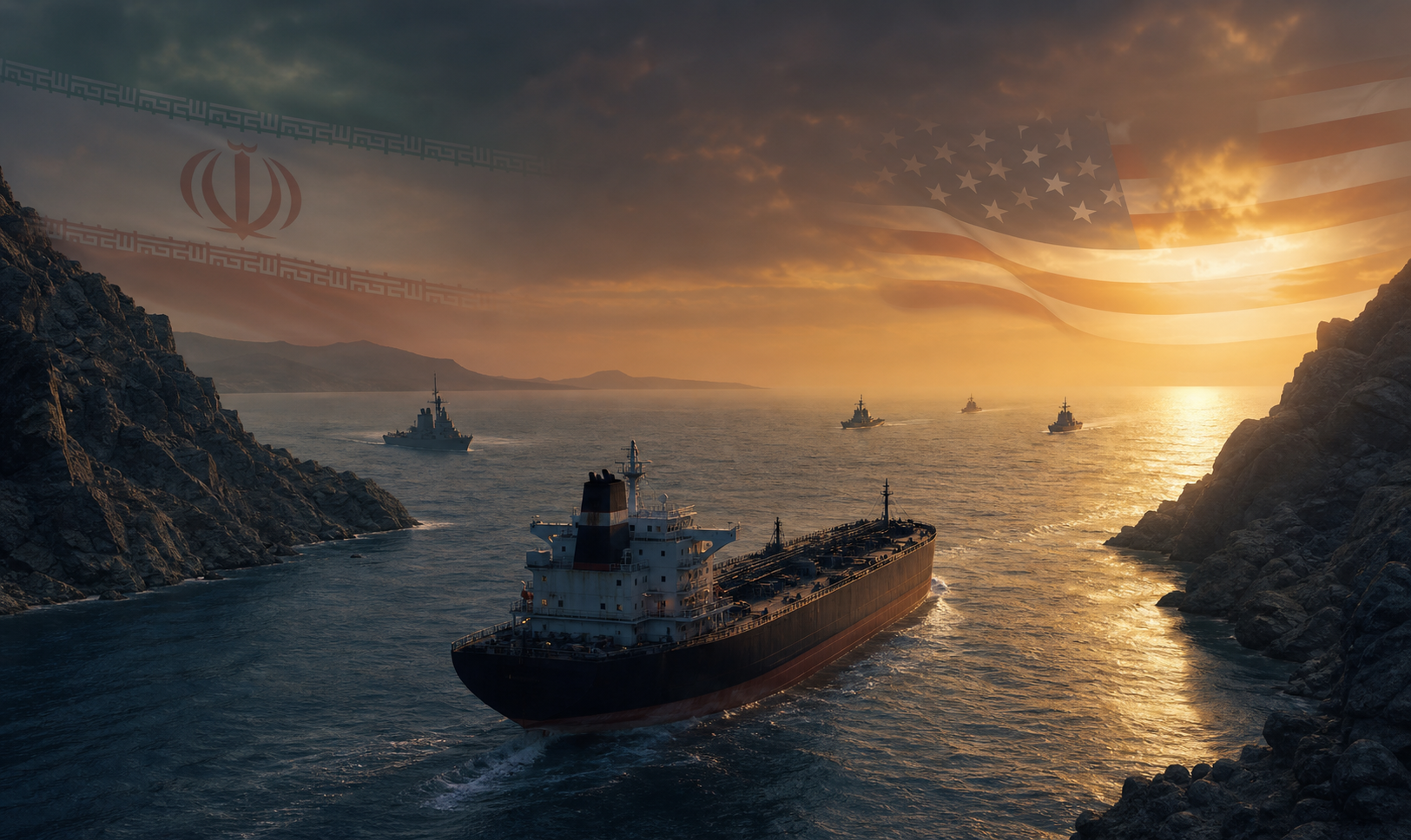 Ilustración editorial de un petrolero atravesando el estrecho de Ormuz al atardecer
