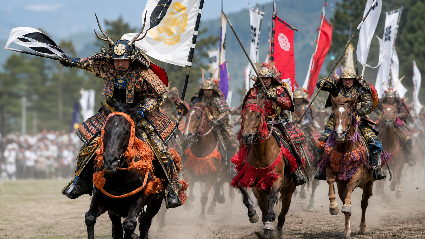Jinetes japoneses con armadura samurái cabalgando con estandartes en un festival tradicional