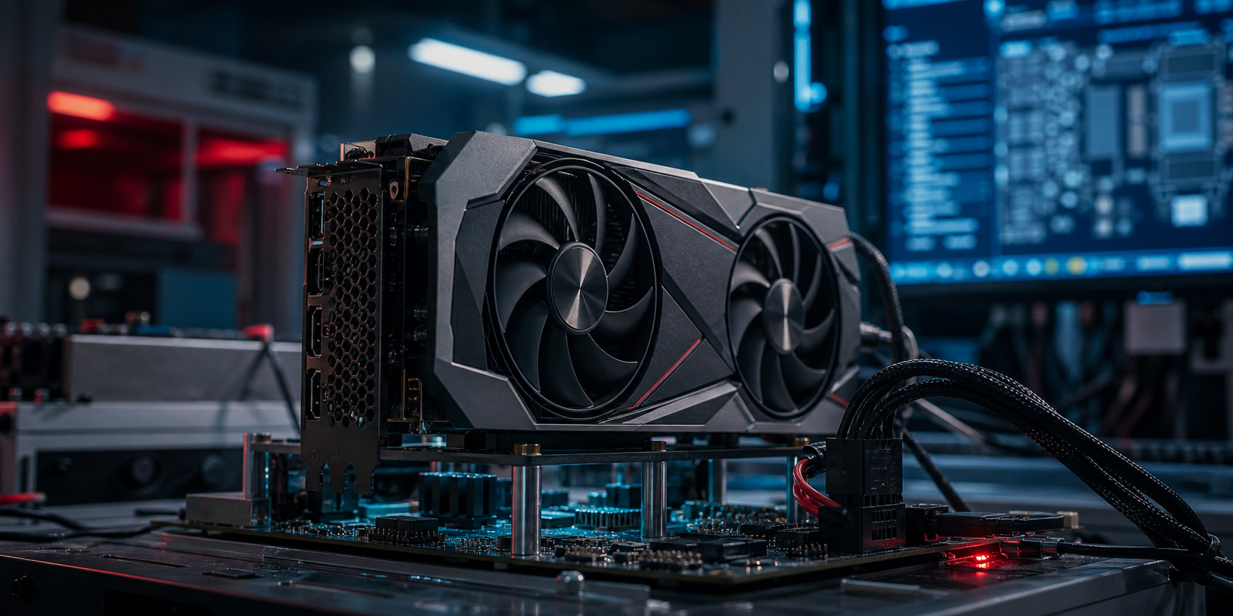 Portada editorial sobre una GPU china nueva, con una tarjeta gráfica industrial y luces rojas y azules