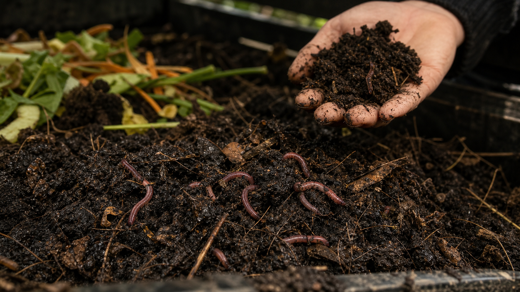 Lombrices en suelo húmedo y compost, con manos sosteniendo material orgánico