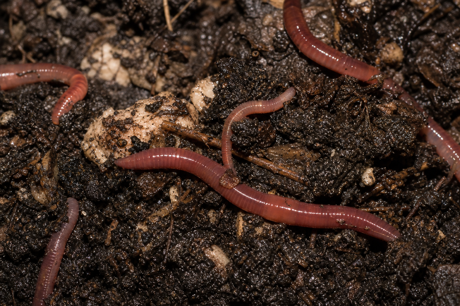Eisenia fetida sobre compost oscuro y húmedo