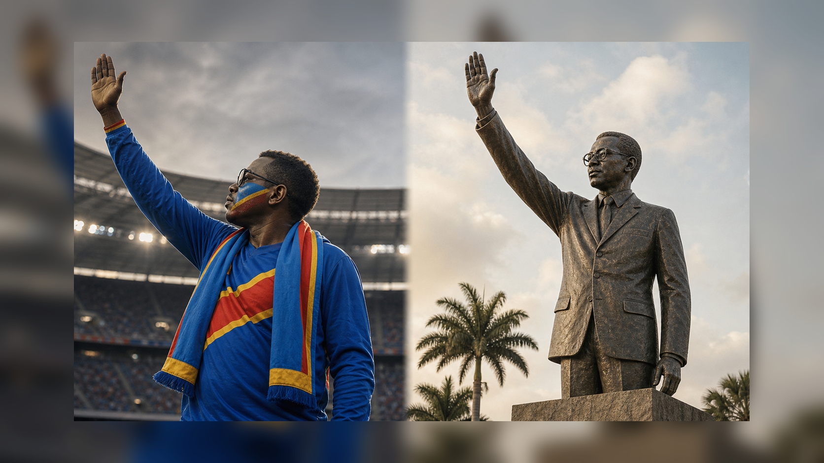Composición editorial de Lumumba Vea y Patrice Lumumba con el brazo levantado en la misma pose