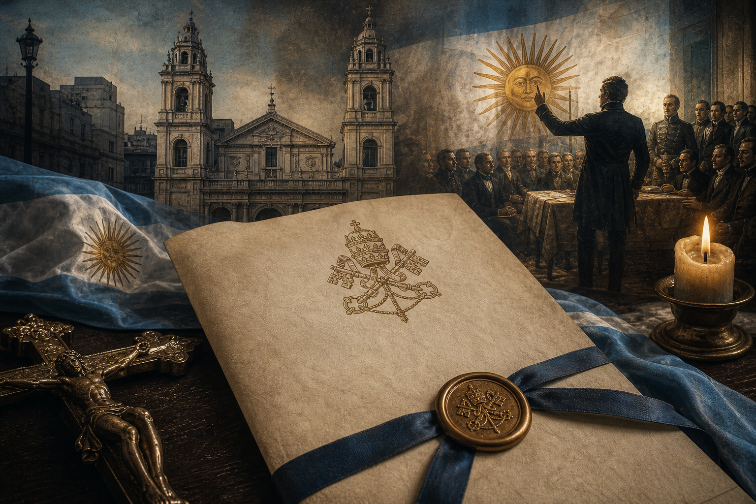 Encíclica papal, Catedral Metropolitana y símbolos patrios para ilustrar la relación entre Magnifica Humanitas, el Tedeum y la Revolución de Mayo