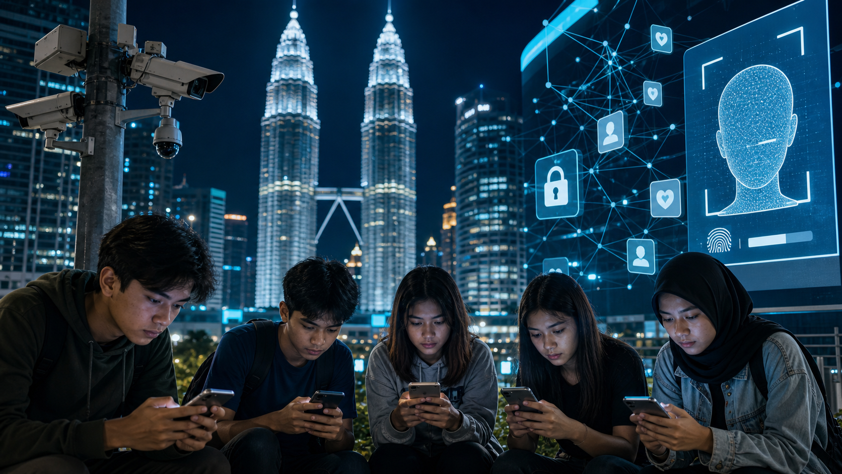 Adolescentes mirando el celular frente a pantallas de redes sociales en una ciudad de Malasia