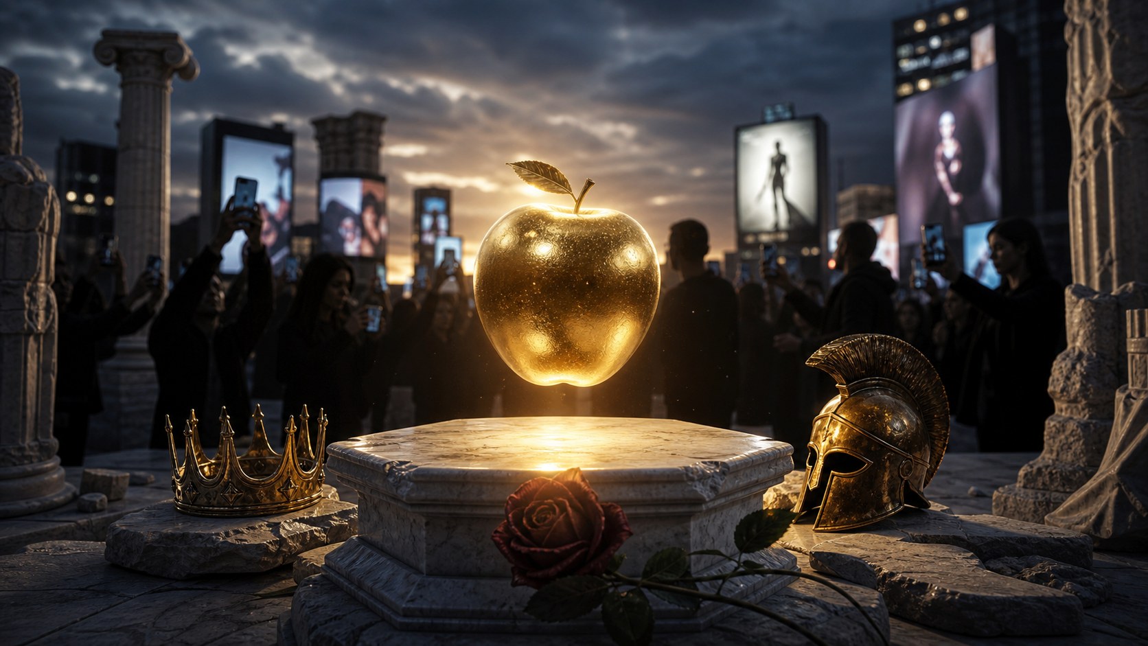 Una manzana dorada flota sobre un pedestal antiguo rodeada de símbolos de poder, guerra y deseo en una ciudad moderna