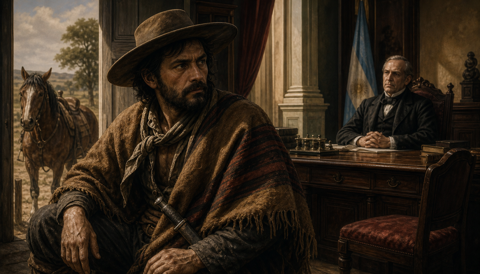 Un gaucho frente a un juez en un despacho del siglo XIX, con un caballo esperando afuera