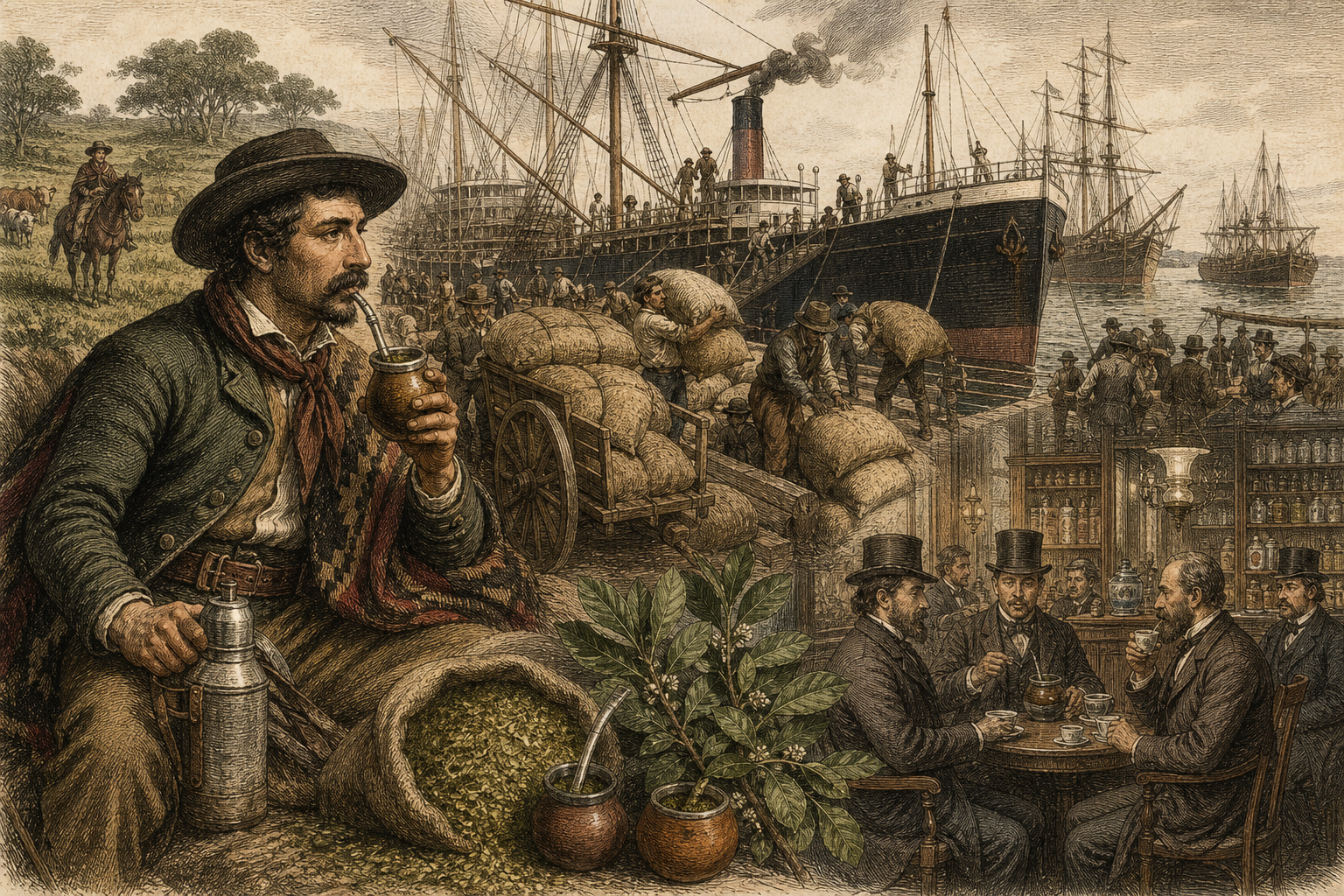 Ilustración histórica de 1800 sobre el viaje del mate desde Sudamérica al mundo