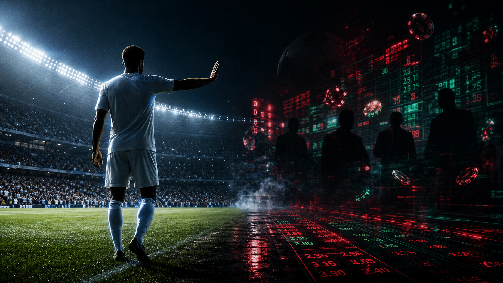 Futbolista anónimo rechazando anuncios de apuestas deportivas en un estadio