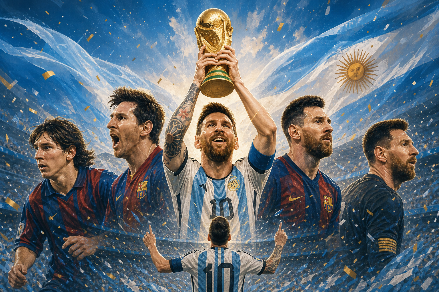 Ilustración épica de Lionel Messi en distintas etapas mundialistas, con la Copa del Mundo al centro y una atmósfera celeste y blanca