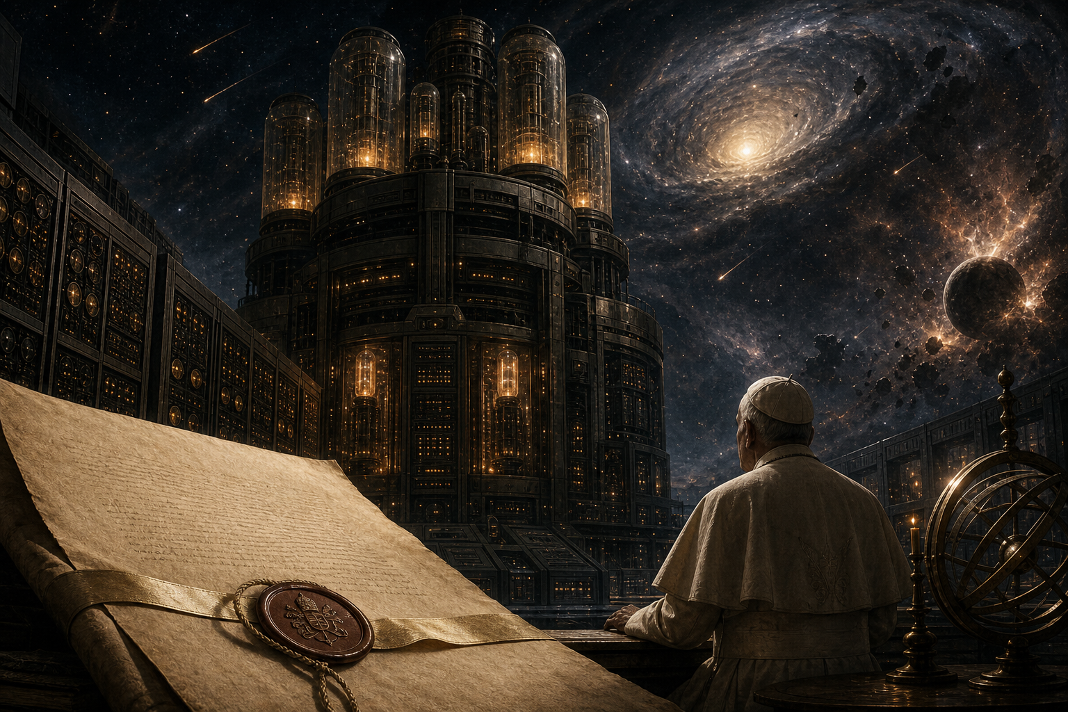 Una máquina colosal estilo Multivac junto a un documento papal y un cielo cósmico