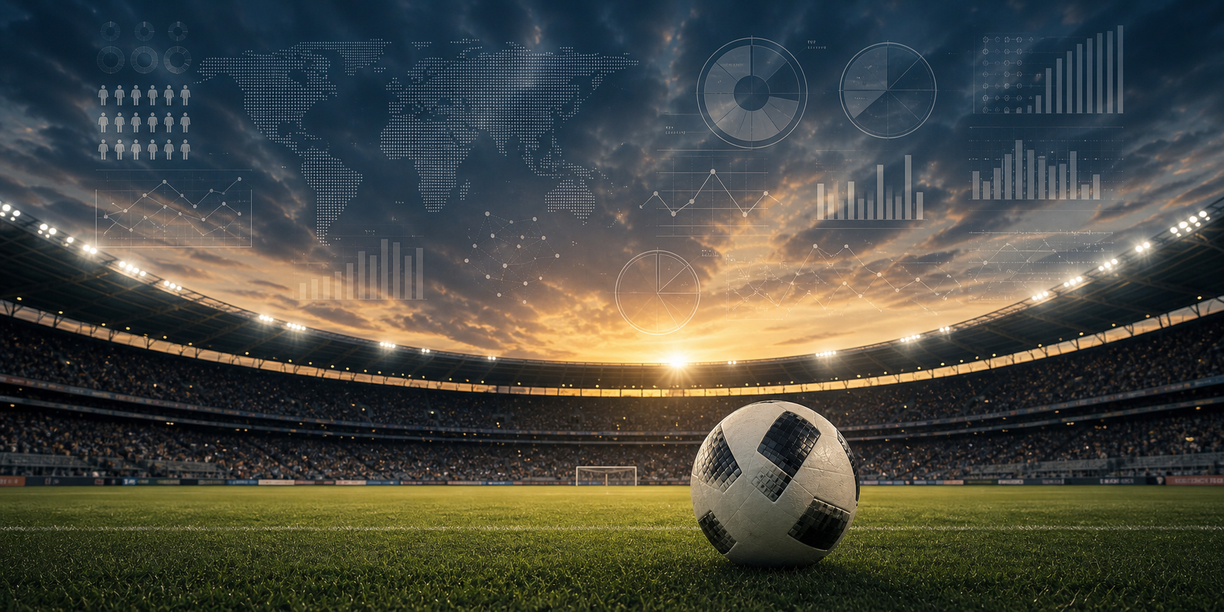 Portada editorial sobre las cifras del Mundial de fútbol, con un estadio iluminado, un balón en primer plano y números flotando sobre la cancha