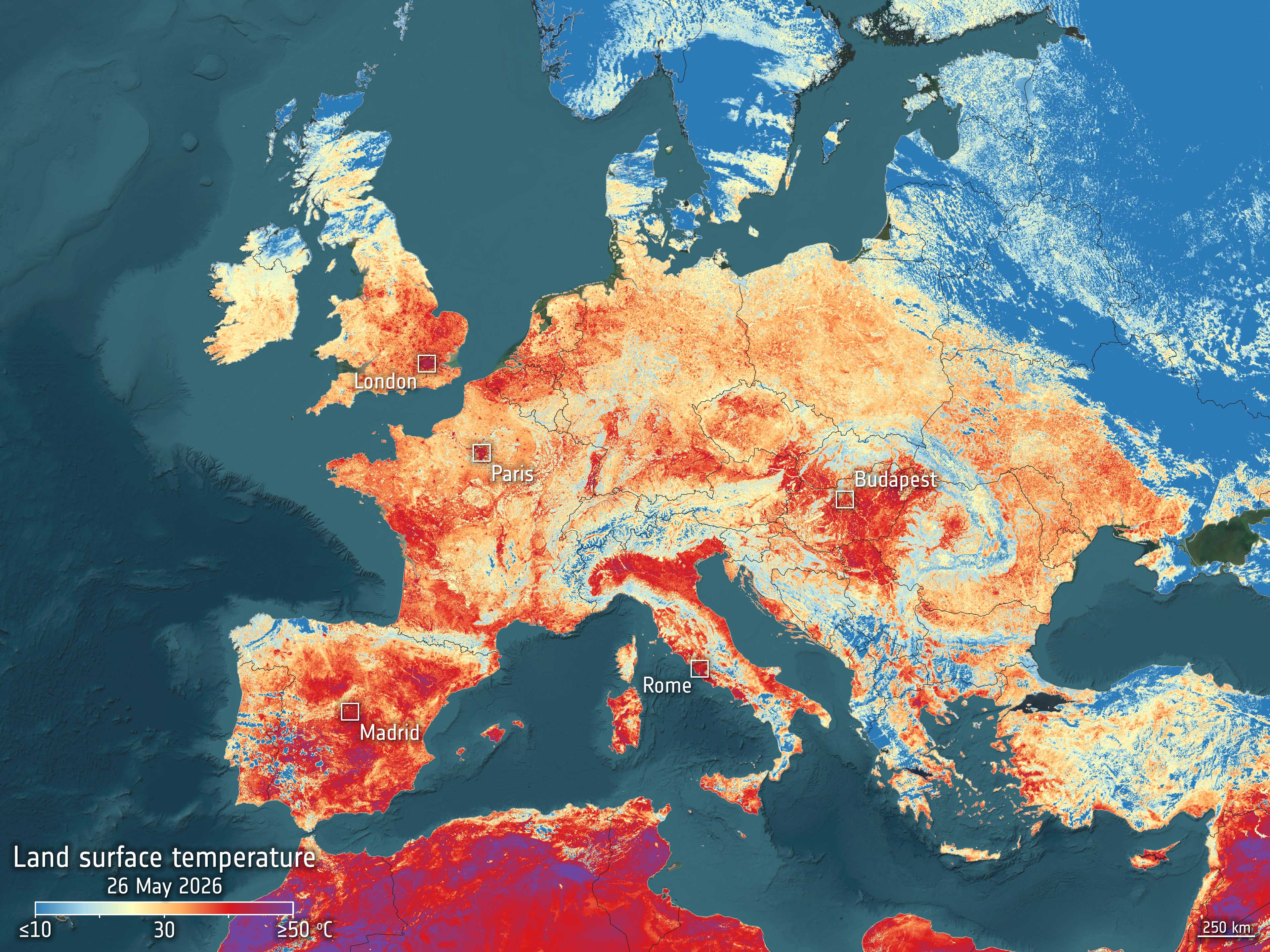 Mapa térmico satelital de Europa durante un episodio reciente de calor