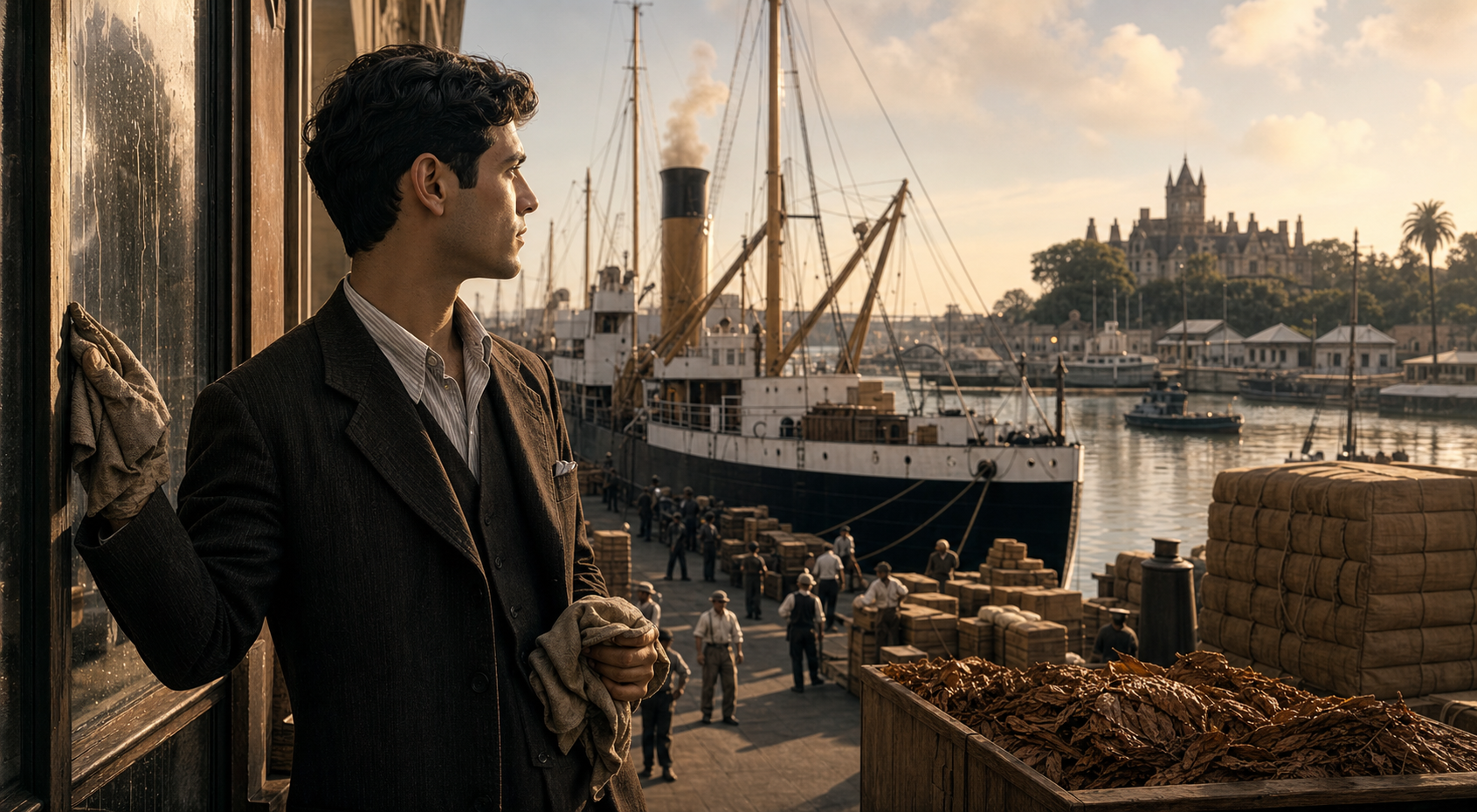 Joven inmigrante frente a un puerto de Buenos Aires, barcos, tabaco y una mansión al fondo