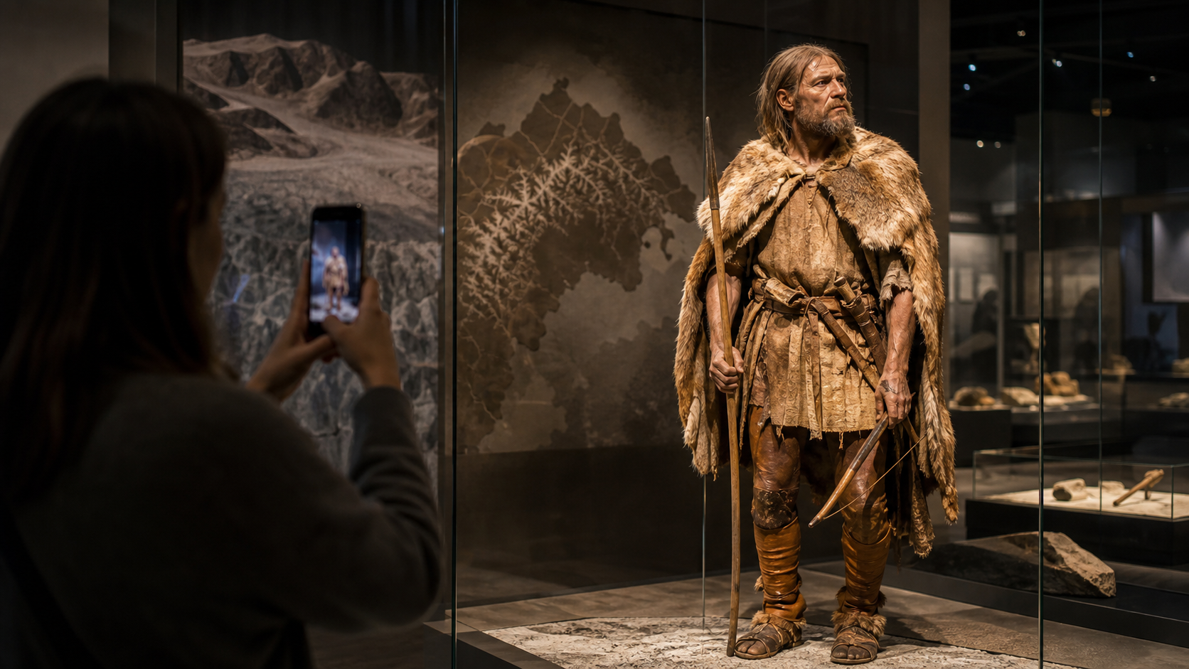 Reconstrucción editorial de Ötzi exhibida en un museo arqueológico