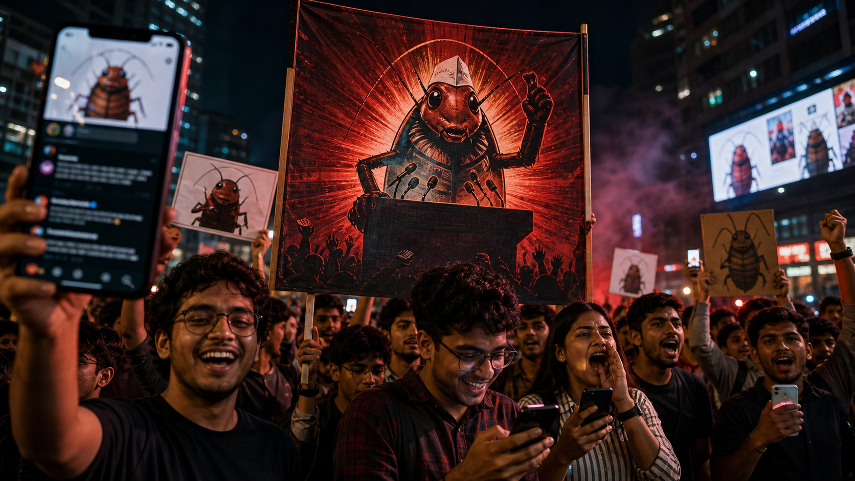 Jóvenes protestando en una calle urbana de India con carteles de cucarachas como símbolo satírico