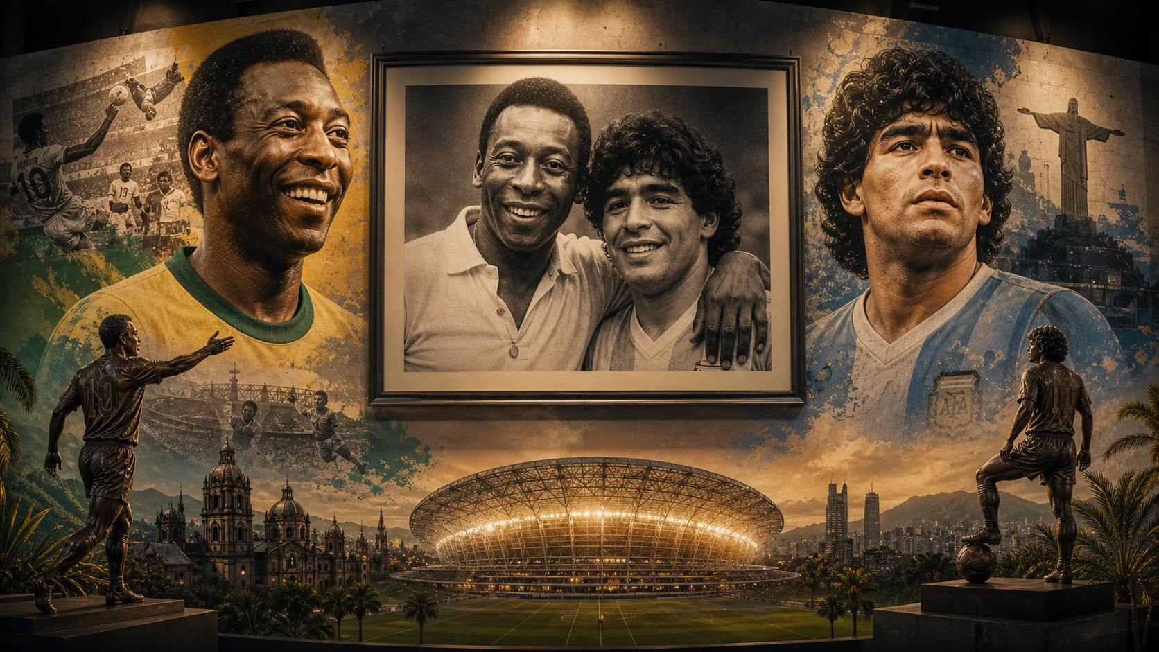 Póster editorial horizontal con Pelé y Maradona en una composición sobre el mural de los 1000 goles en Jalisco