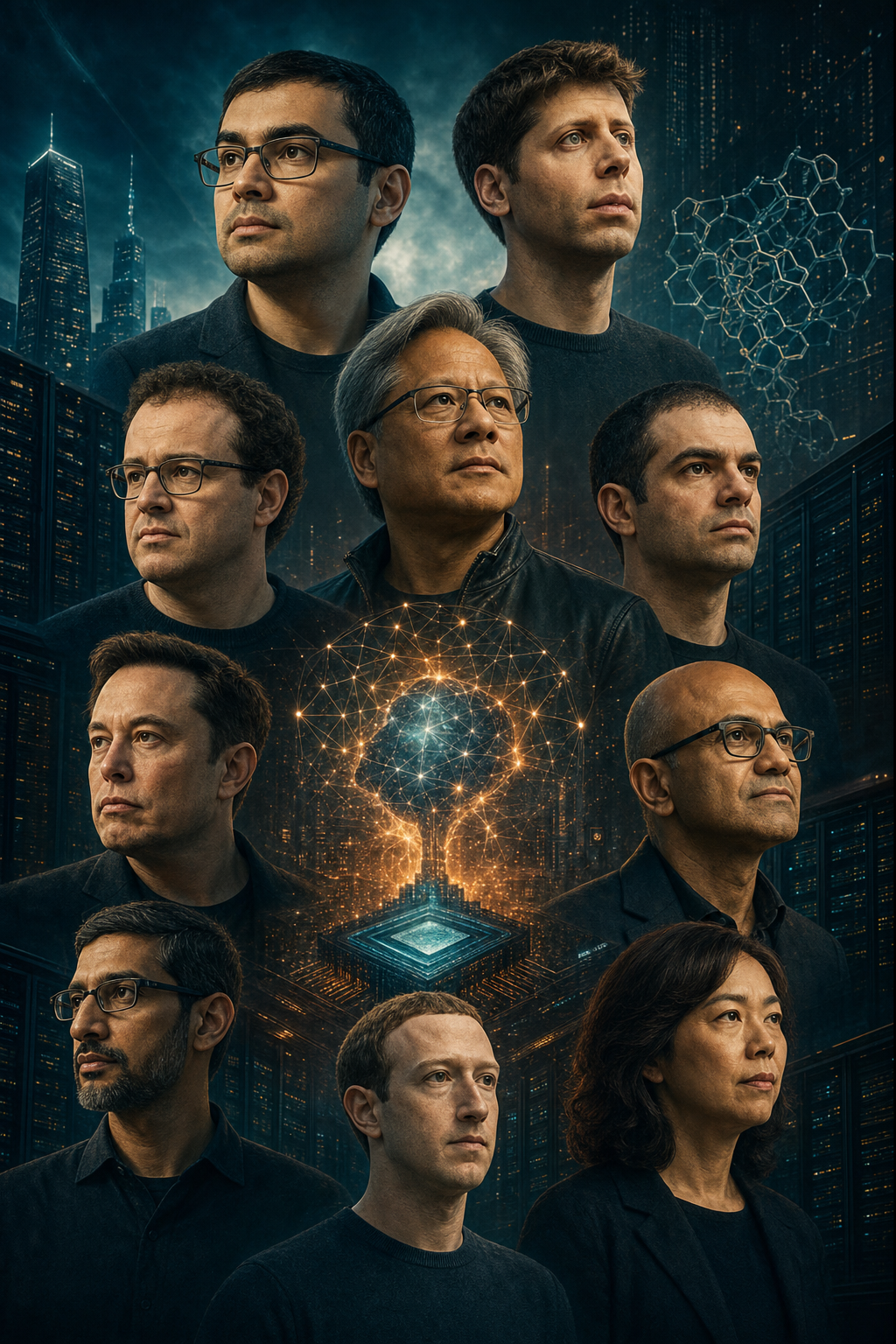 Ilustración cinematográfica estilo póster sobre diez figuras centrales de la carrera por la inteligencia artificial