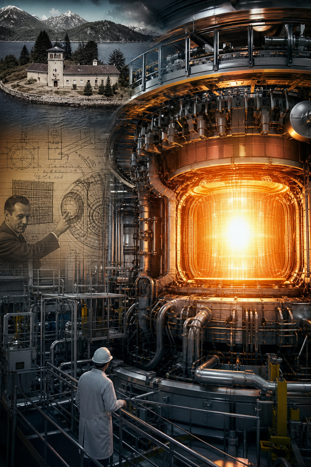 Un reactor de fusión futurista ilumina una sala industrial mientras una isla patagónica aparece en superposición editorial