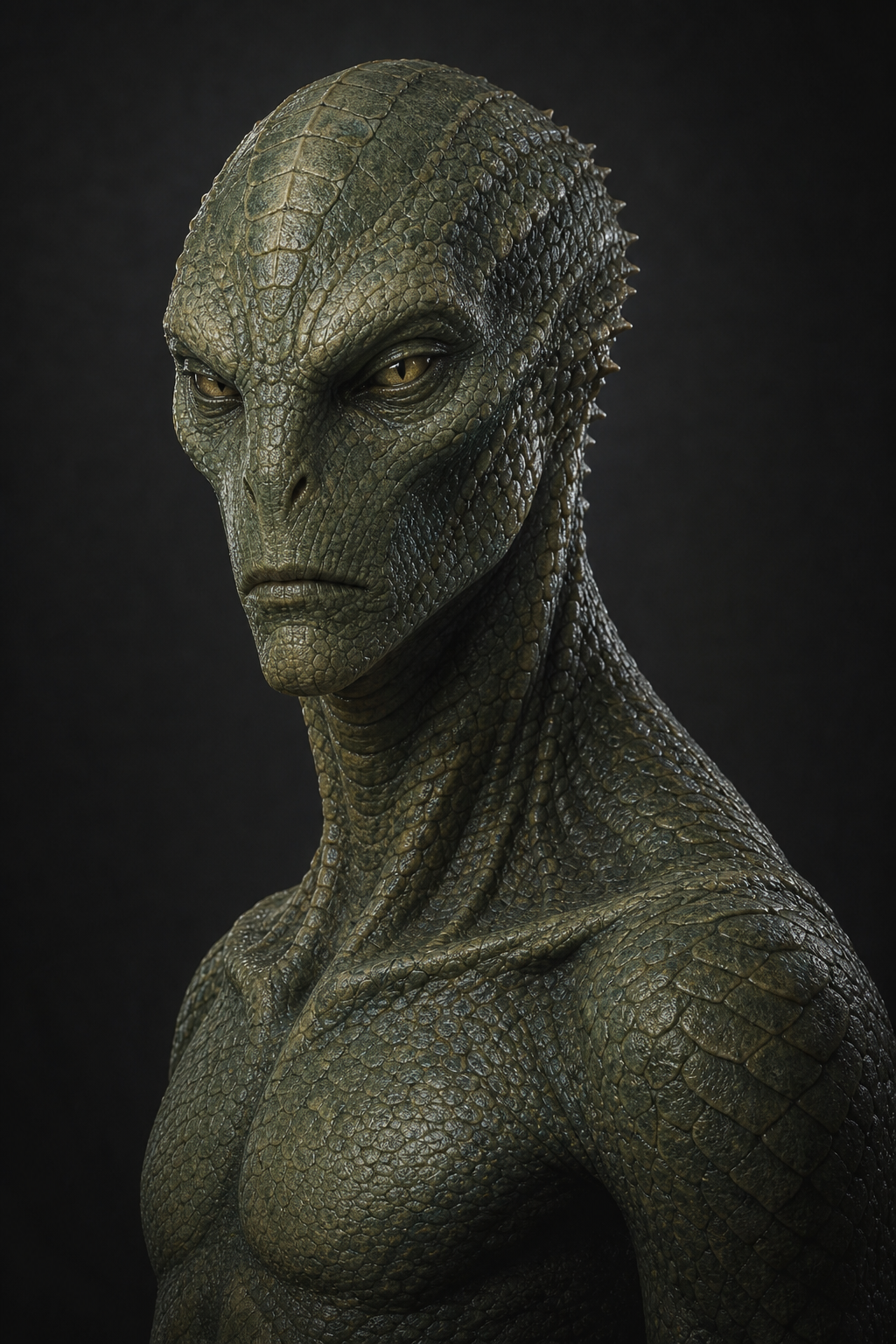 Un alien reptiliano en estética editorial.