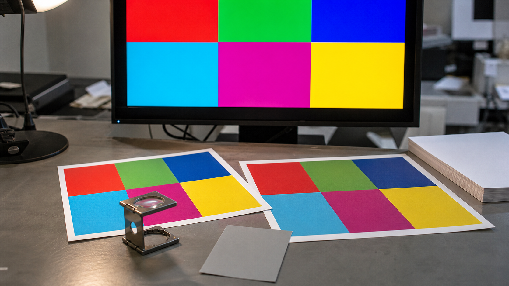 Monitor con campos de color RGB frente a pruebas impresas en cian, magenta, amarillo y negro