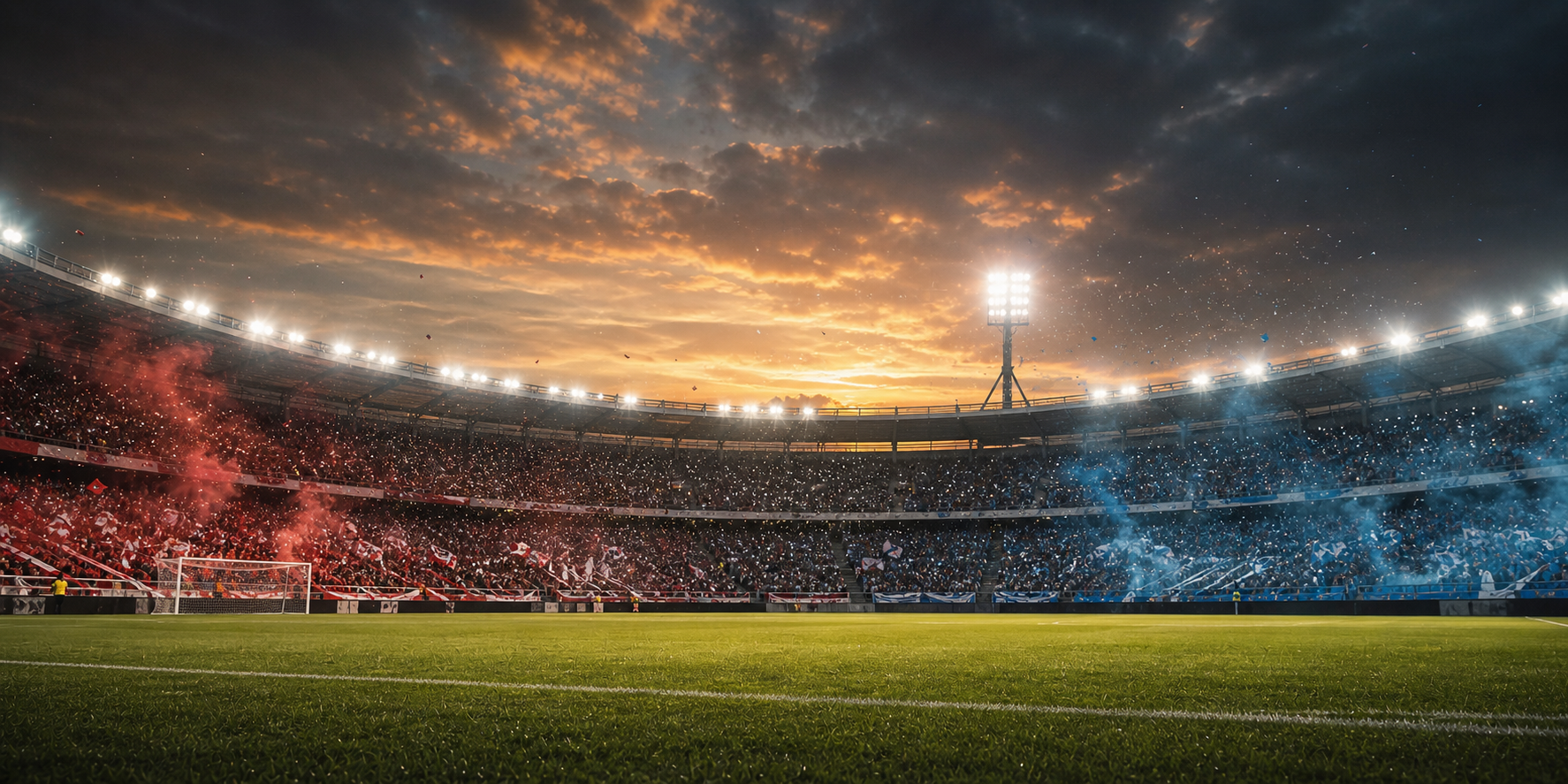 Portada editorial de la final entre River y Belgrano en Córdoba, con el estadio lleno y colores rojo y celeste en las tribunas