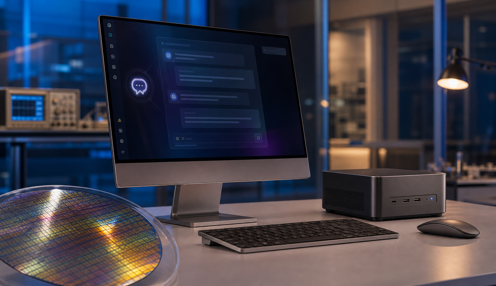 Una PC compacta de escritorio y una laptop delgada en un entorno tecnológico, con una oblea de chip en primer plano