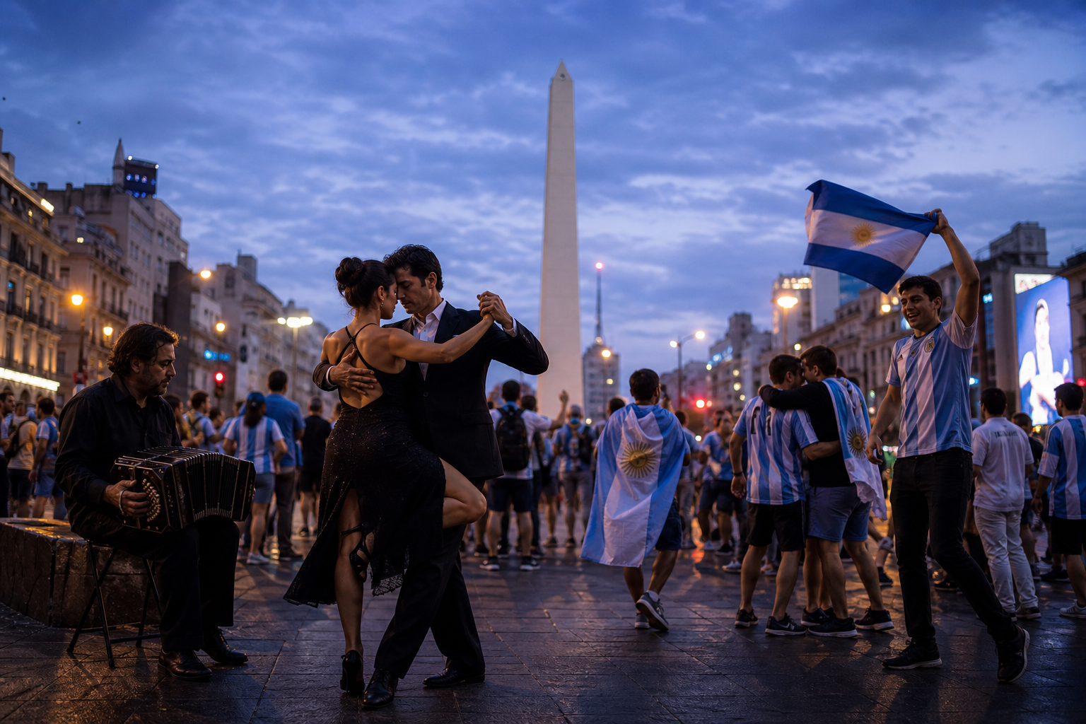 Escena editorial realista en Buenos Aires con Obelisco, tango y atmósfera futbolera para ilustrar el soft power argentino