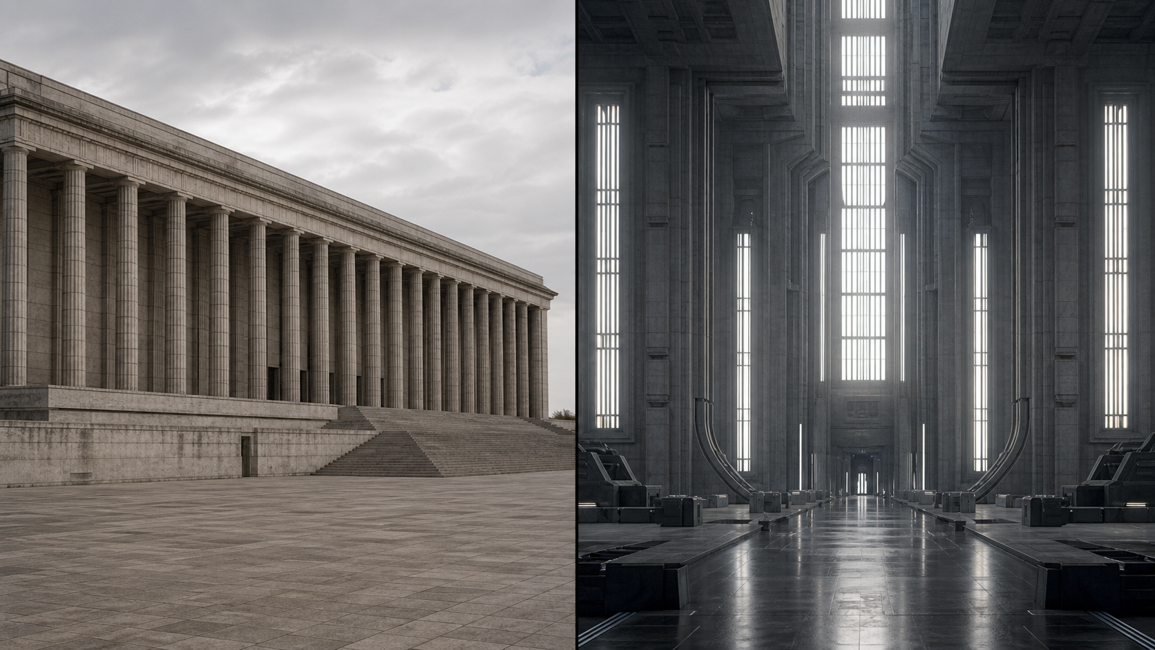 Comparación educativa entre arquitectura monumental autoritaria y arquitectura imperial ficticia