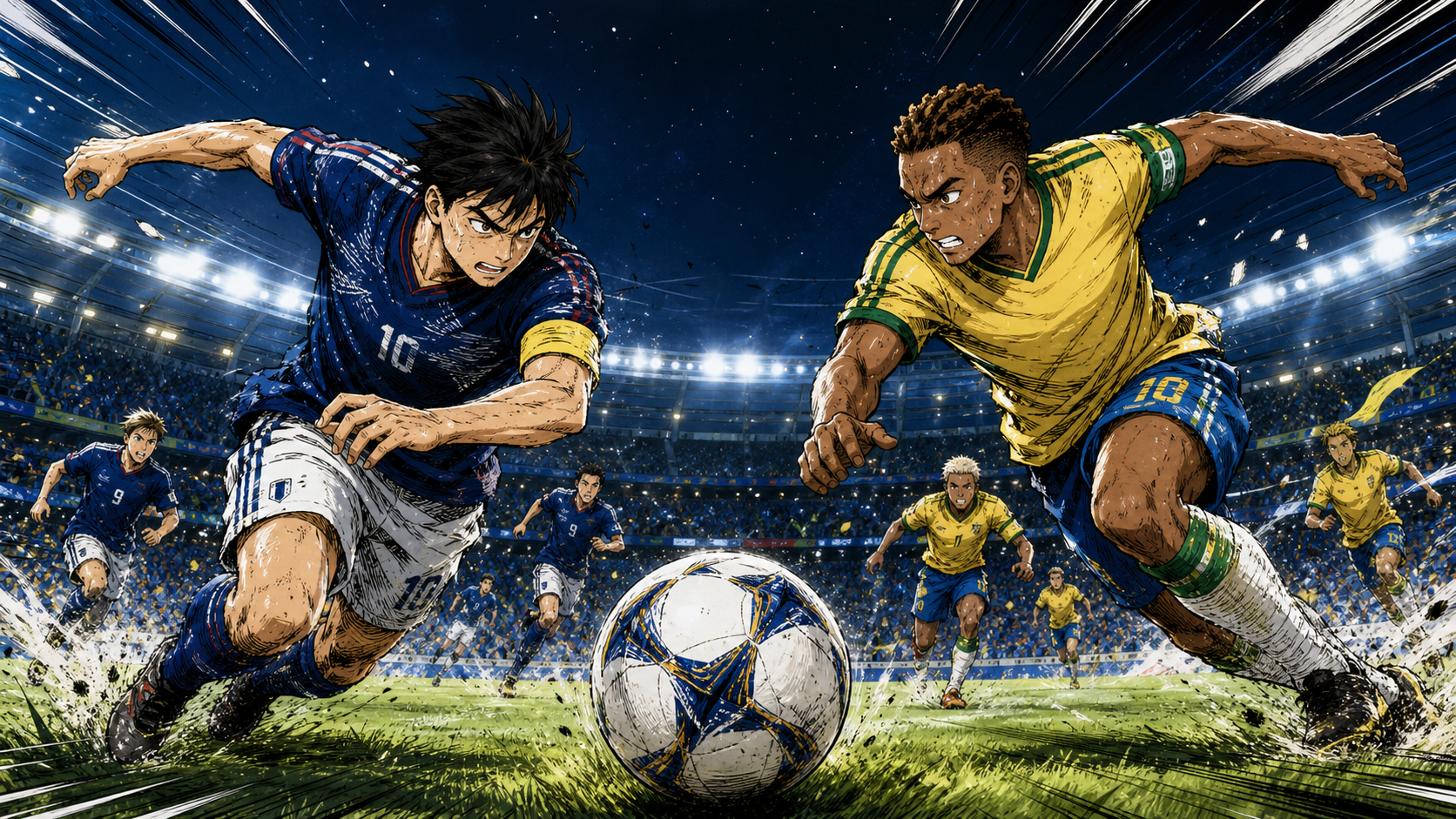 Ilustración editorial estilo manga de Japón contra Brasil en una cancha de fútbol