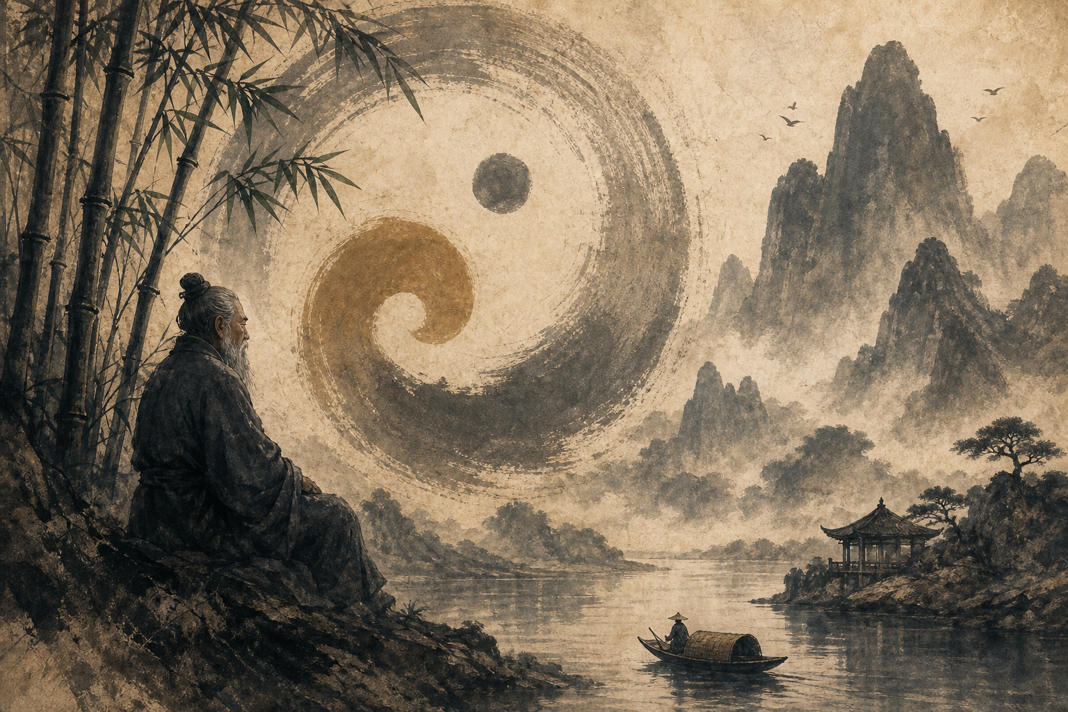 Paisaje chino con agua, montañas y caligrafía para ilustrar el Tao en la cultura china