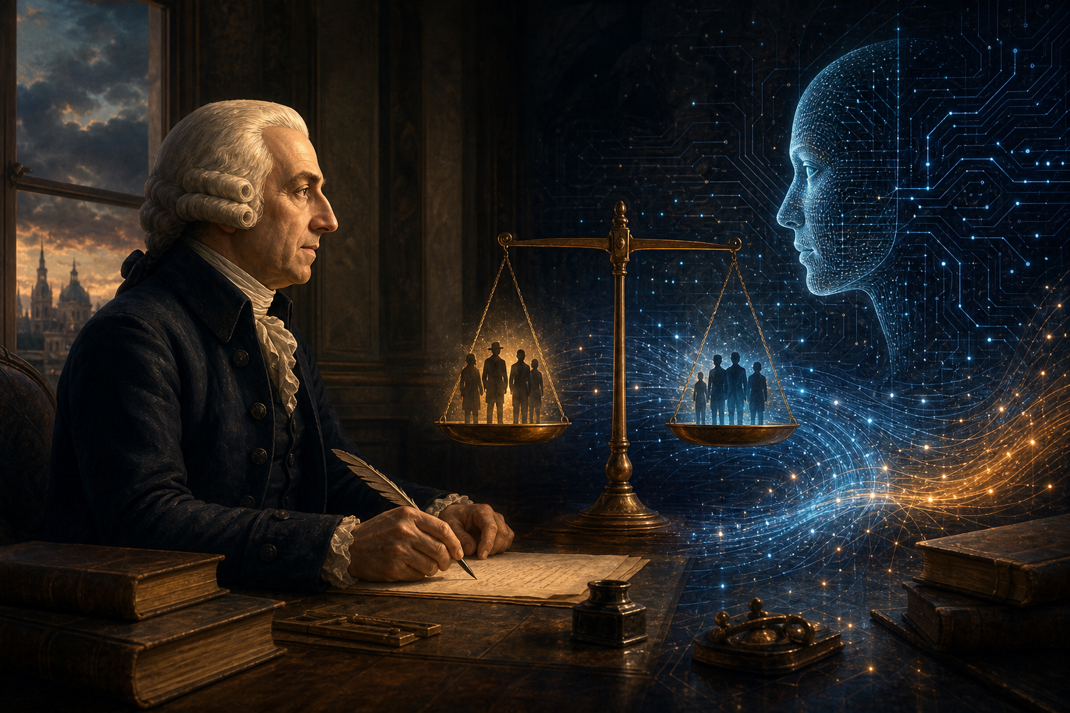 Adam Smith frente a una interfaz de inteligencia artificial, con una balanza y figuras humanas en equilibrio