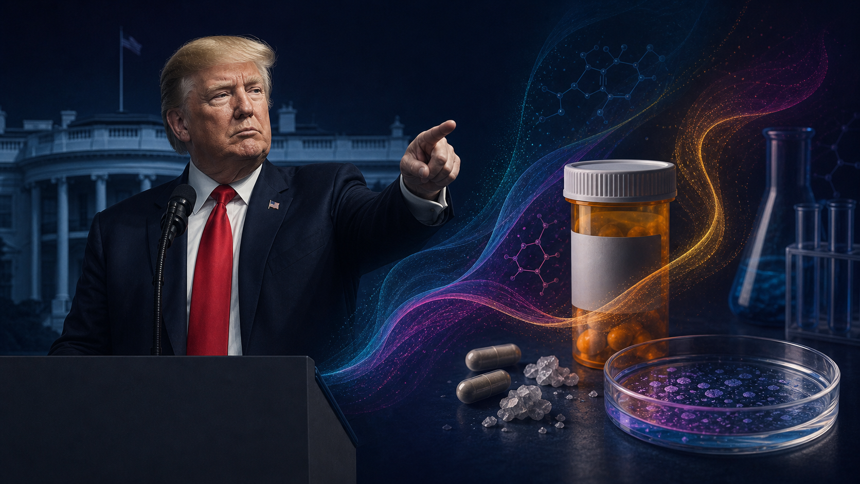Trump frente a la Casa Blanca junto a un frasco de medicamentos y una placa de laboratorio con ondas de color psicodélico controladas