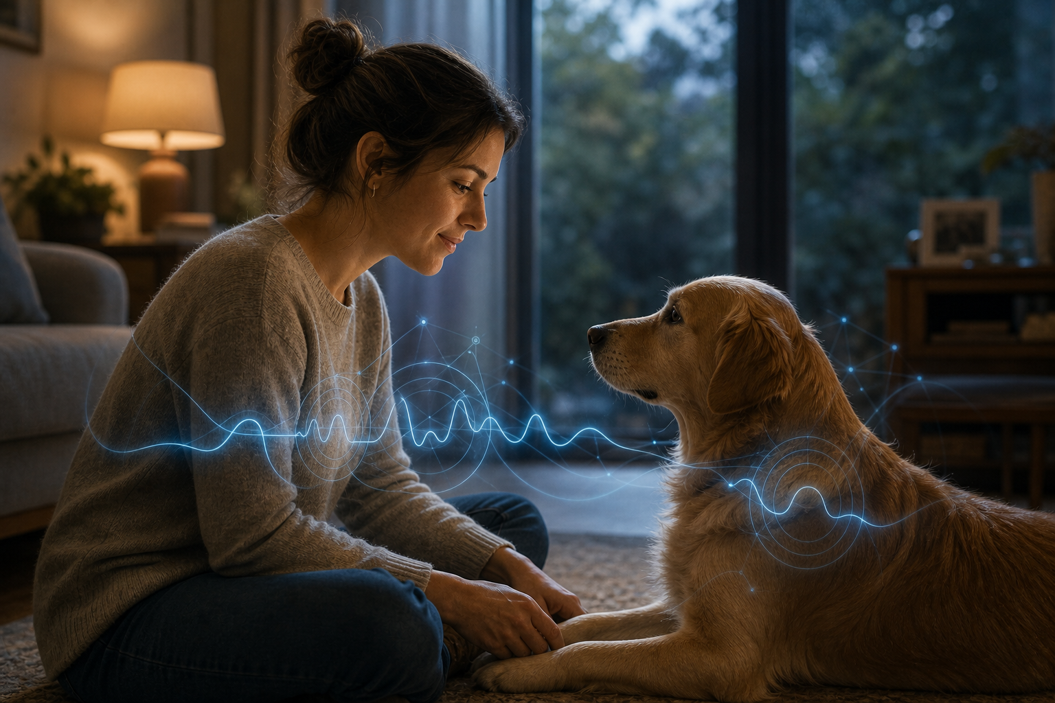 Una persona y su perro sentados frente a frente con ondas sutiles que sugieren sincronía emocional y fisiológica
