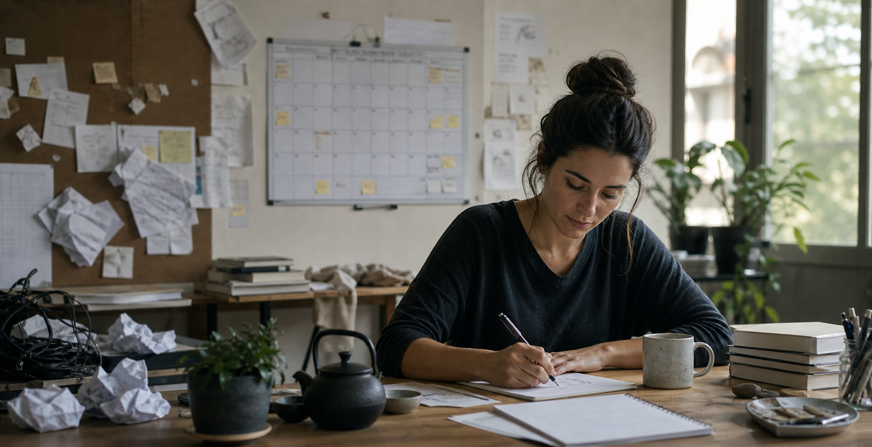 Mujer trabajando con calma en un escritorio mientras el desorden del exceso de control queda al fondo